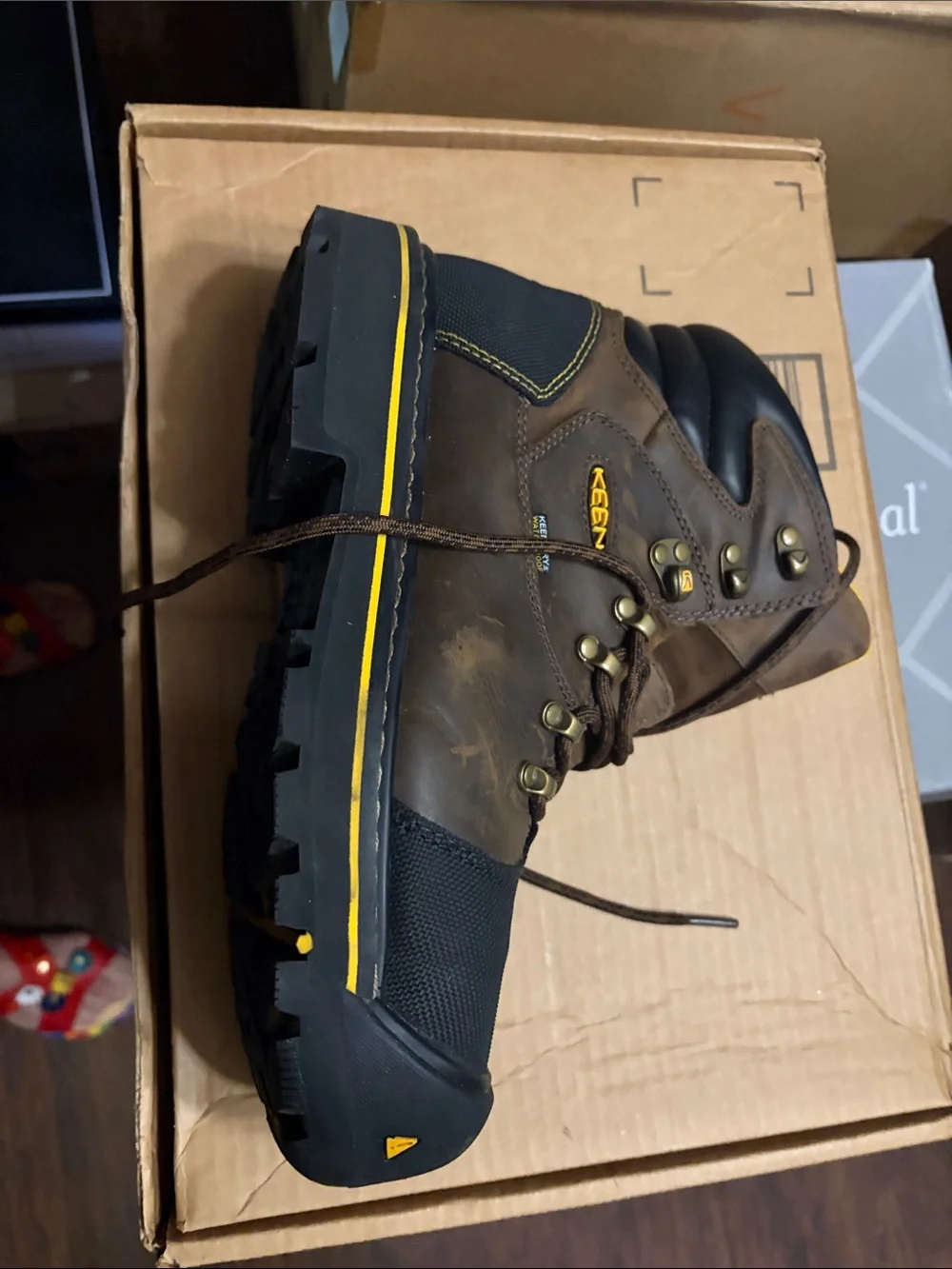 Keen Brown and Black Work Boot with Yellow Trim